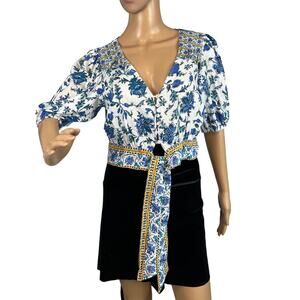 Artelier Nicole Miller Linen Blend Floral Cropped Blouse Cottagecore Boho Resort